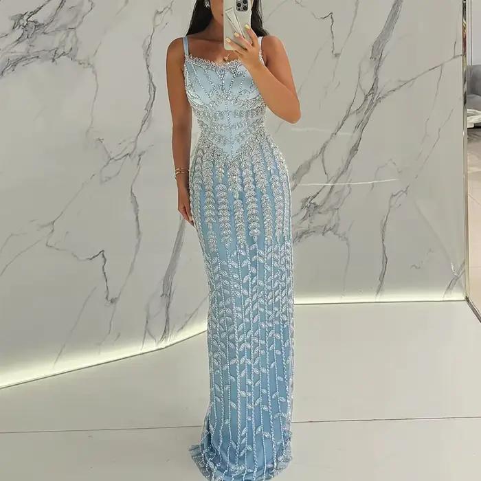 Robe fourreau en satin bleu ciel à encolure carrée, robe de célébrité de Dubaï, biscuits, robe de so