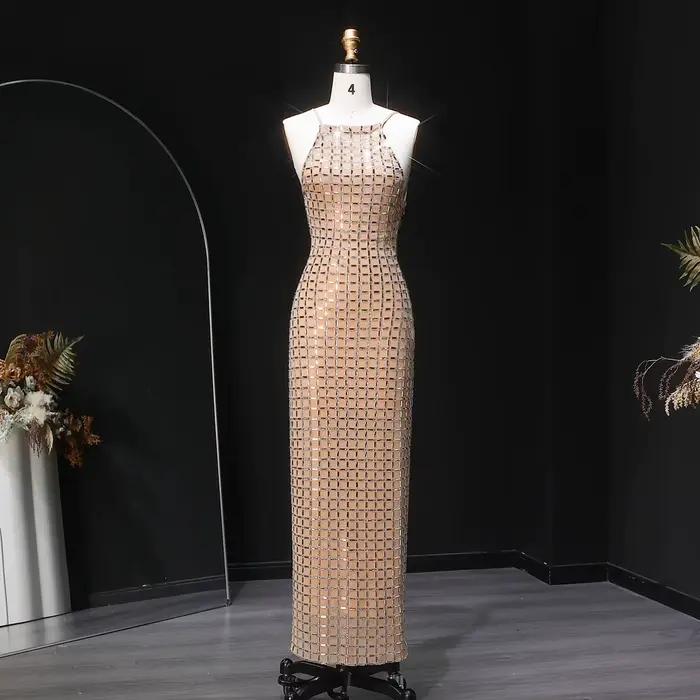 Robe de soirée sirène Sharon Said Dubai, champagne, col halter, ornée de cristaux, pour femme, robe 