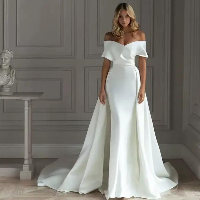Robe De mariée traînante détachable, sirène en Satin, épaules dénudées, sur mesure
