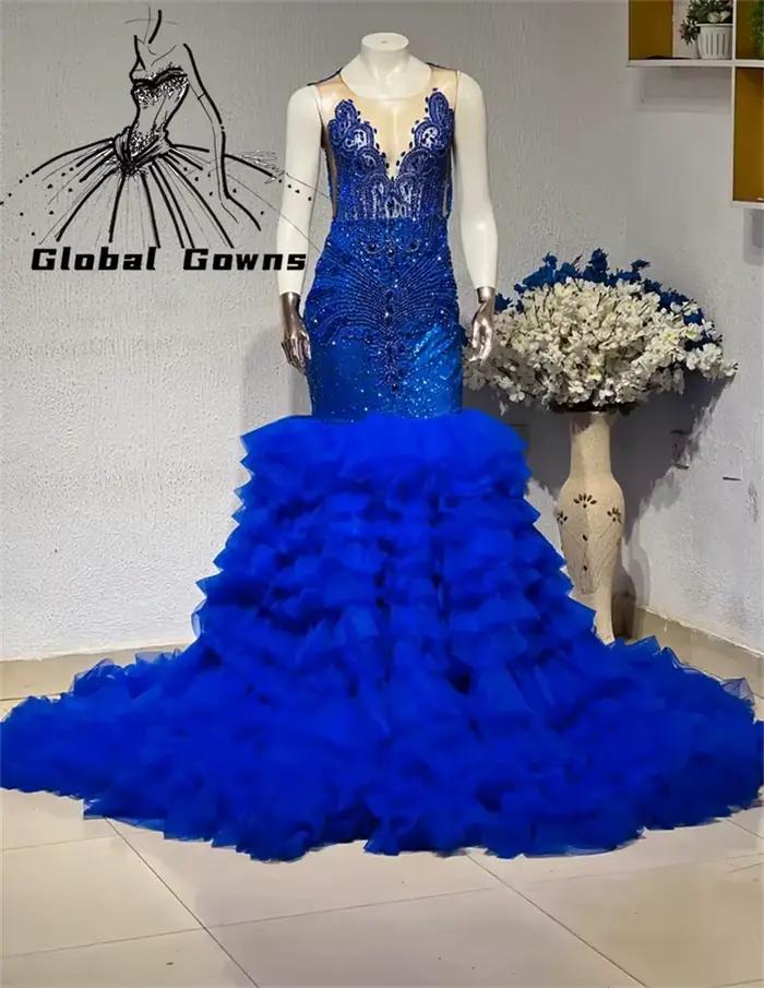 Robe de Rhlongue à volants à plusieurs niveaux pour femmes, bleu royal, col rond, perles, cristal, l