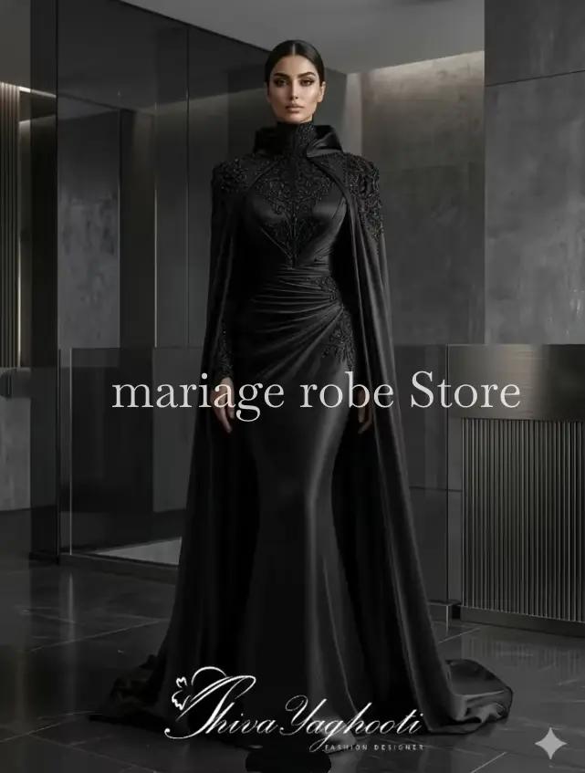 Robes de soirée de luxe noires musulmanes arabes avec cape, manches longues, appliques, tenue de gal