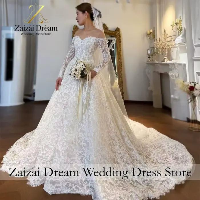 Robe de mariée élégante personnalisée à épaules dénudées en dentelle, manches longues, robe de bal d