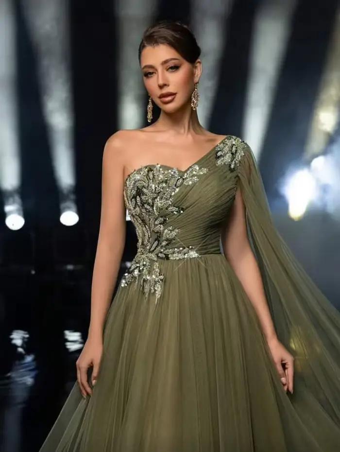 Dubaï élégant luxueux robes de soirée vert en mousseline de soie robe de bal une épaule robes élégan