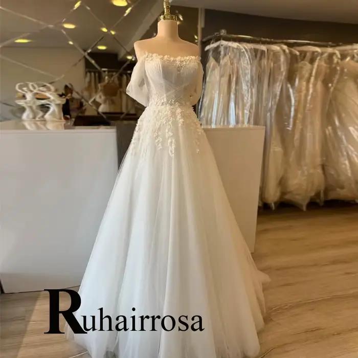 Ruhair robes De mariée fantaisie pour Mariages épaules dénudées Appliques a-ligne encolure dégagée à