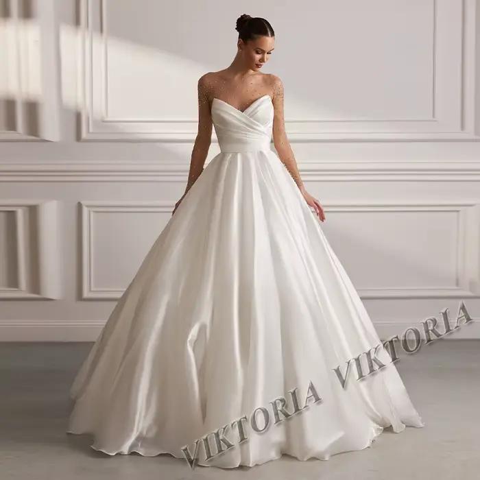 VIKTORIA-Robe de Mariée Élégante en Satin pour Femme, Patients, A-ligne, Strass, lèvent Plissés, Édu