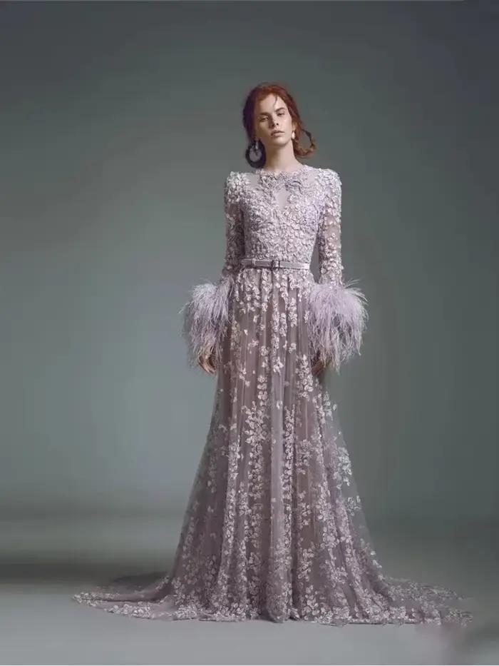 Robe d'invité de mariage à manches en dentelle de plumes de luxe personnalisée, appliques florales 3