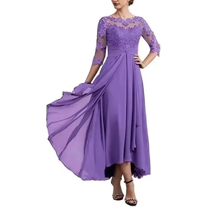 Robes mère de la mariée classiques, col rond, avec des Appliques en dentelle, ligne a, longueur au s