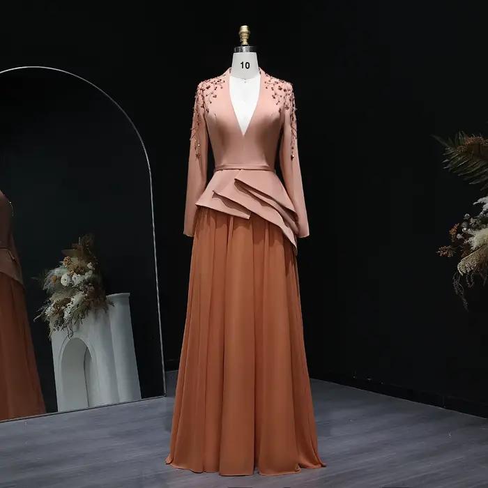 Sharon Said Dubai Orange perles robes de soirée avec col en v manches longues pour les femmes robe d