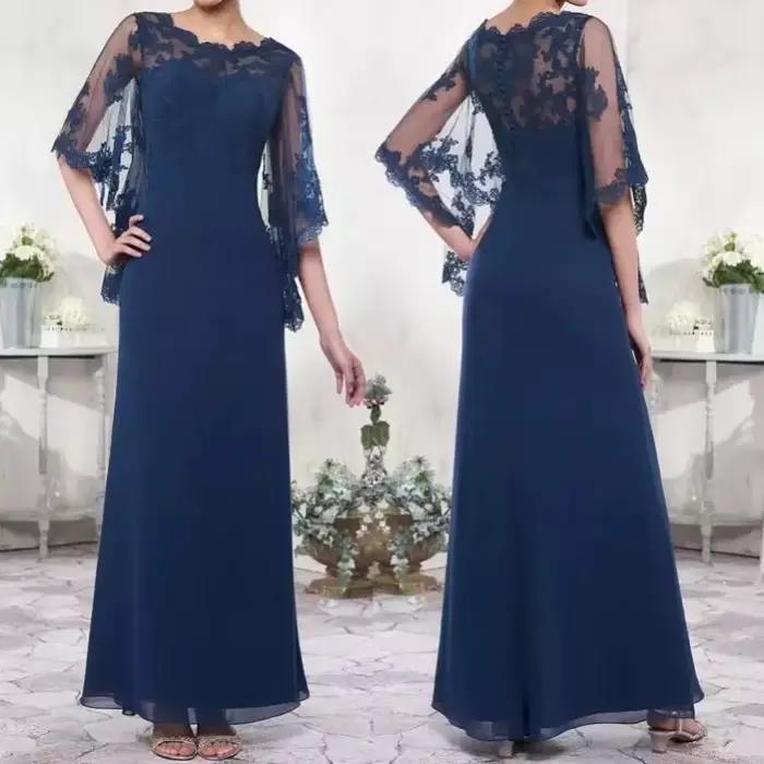 Robe mère de la mariée en mousseline de soie, bleu marine, col rond, cape trapèze, demi-manches, app