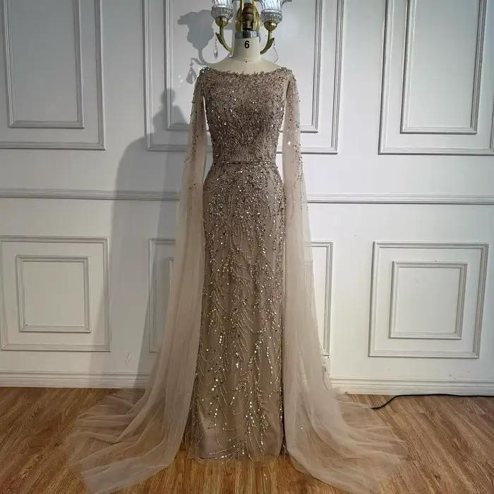 Arabie saoudite bleu perlé sirène robe de soirée élégante Cape manches bateau cou robe fête SERENE H