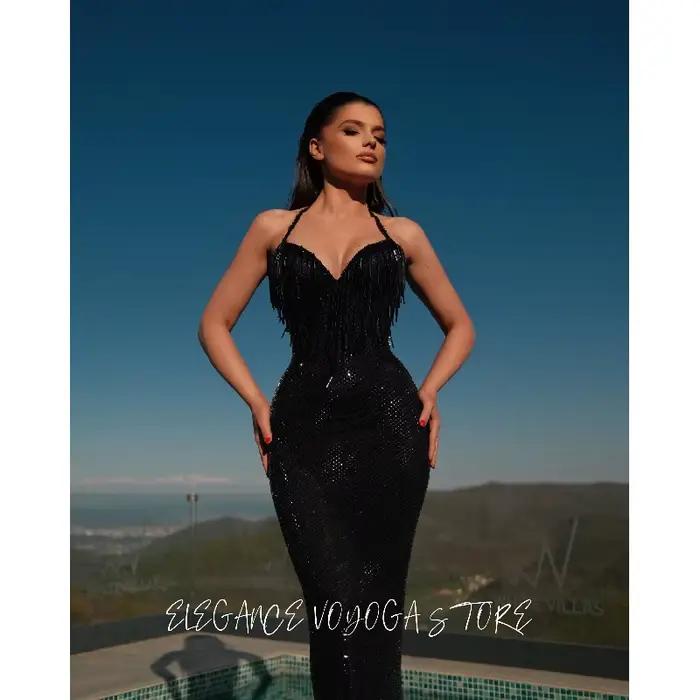 Robe de soirée EVS pour femme, robe de fête élégante, noire, bretelles spaghetti, scintillante, sirè