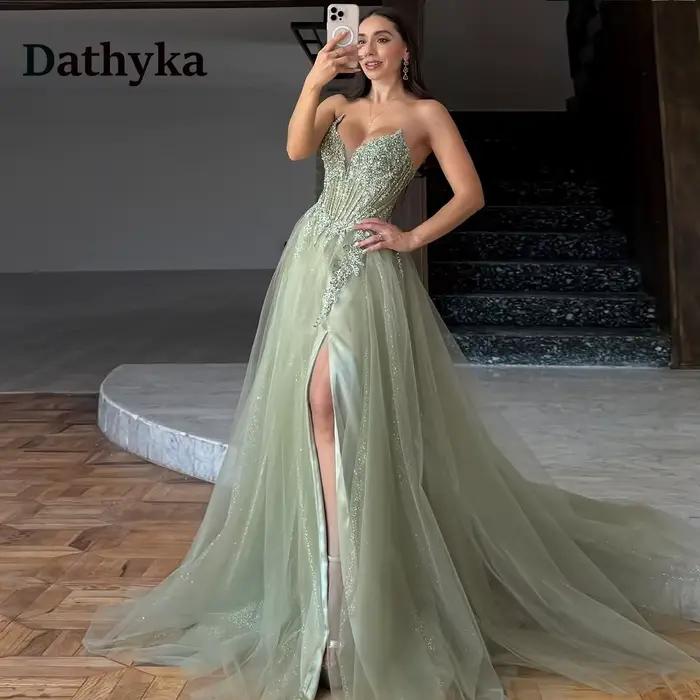 Dathyka glamour a-ligne robes De soirée pour les femmes Illusion paillettes Appliques fente Corset r