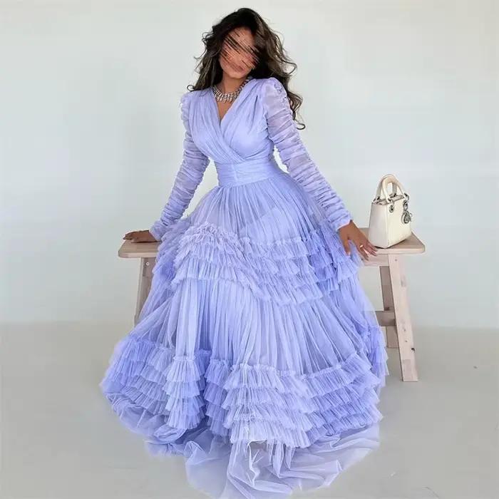 Robe de soirée en tulle à manches longues et col en V, robe de Rhdécontractée sexy personnalisée, oc