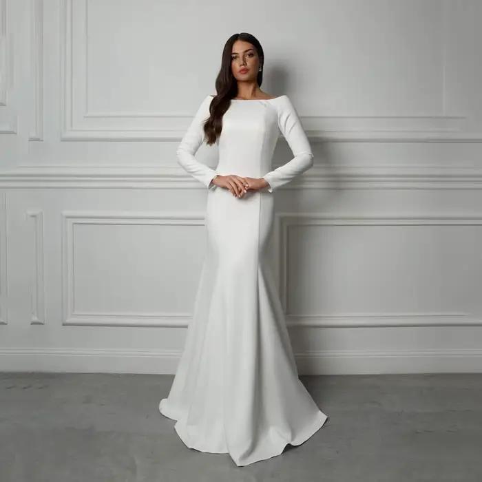 Robe de mariée classique élégante, modeste, manches longues, style sirène, dos nu, boutons, robes de