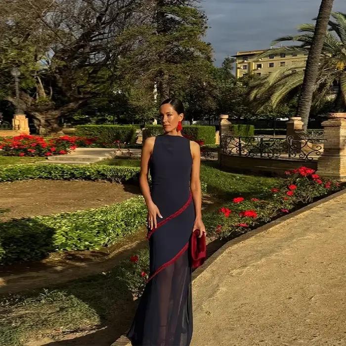 Robe Maxi transparente à montage élégant, col rond, sans manches, dos nu, Chic, vêtements de soirée 