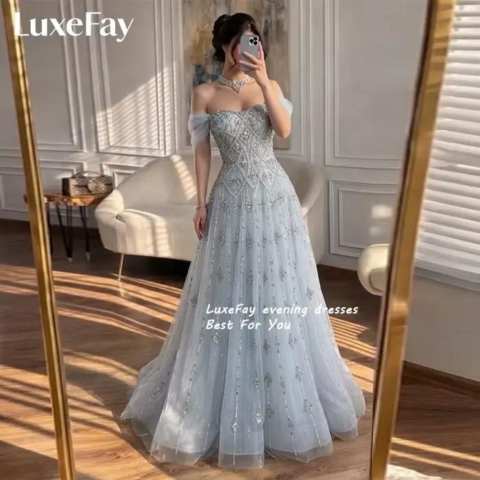 Robe de Soirée Personnalisée LuxeFay 2026 – Robe de Bal Gris Bleu Luxe Coupe A-Line Épaules Dénudées