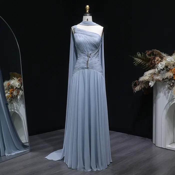 Robe de soirée élégante Sharon Said gris-bleu à une épaule, ornée de perles avec écharpe, pour occas