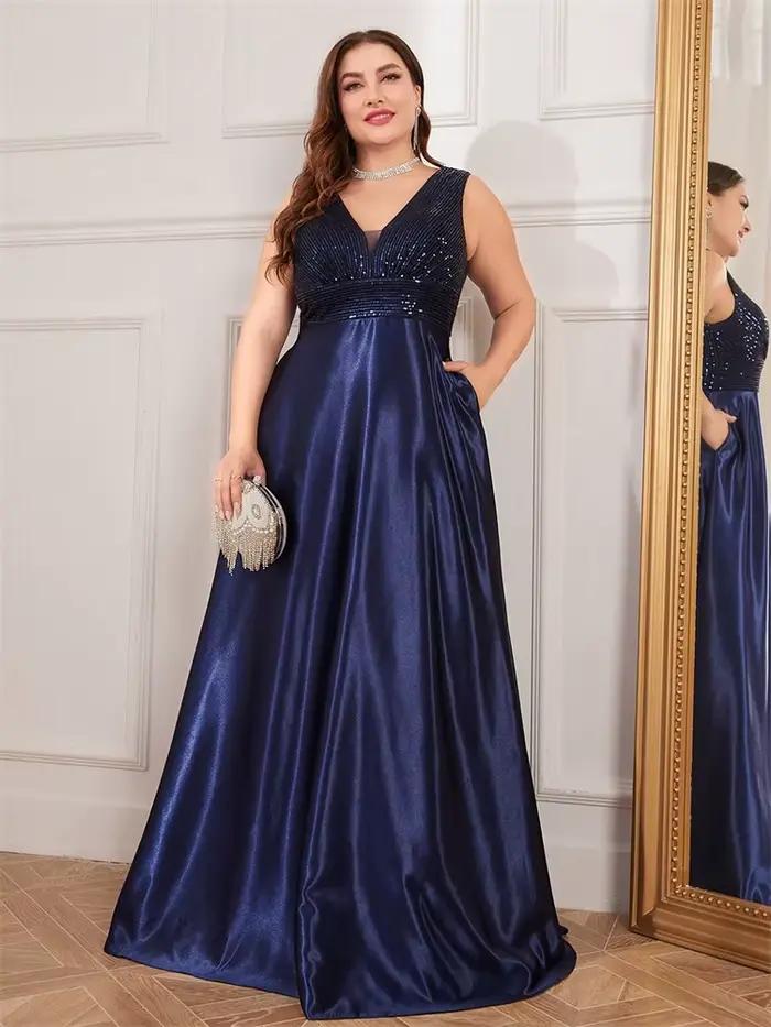 Robe de soirée élégante en Satin, grande taille, paillettes, décolleté en v profond, longueur au sol