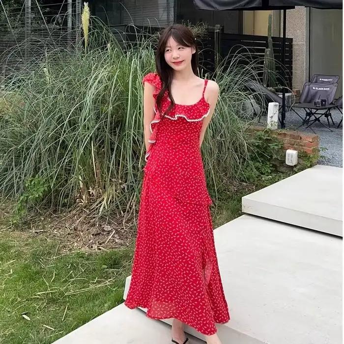 Robe florale d'été de Style vacances français avec volants, fente rétro, manches longues sans bretel