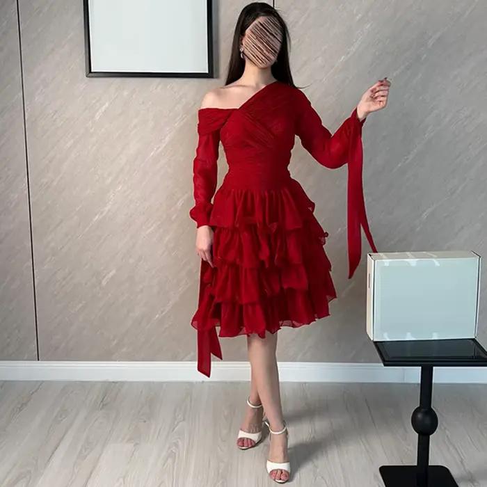 Robe de soirée élégante en mousseline rouge, manches longues simples, robes de bal de promo, robes d