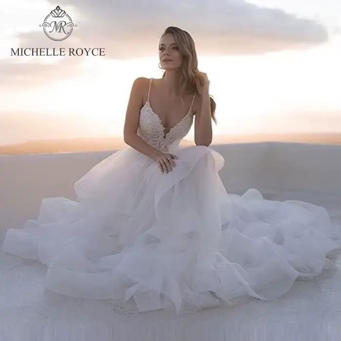 Michelle Royce a-ling robes De mariée Sexy col en v profond à plusieurs niveaux croisé dos nu chapel