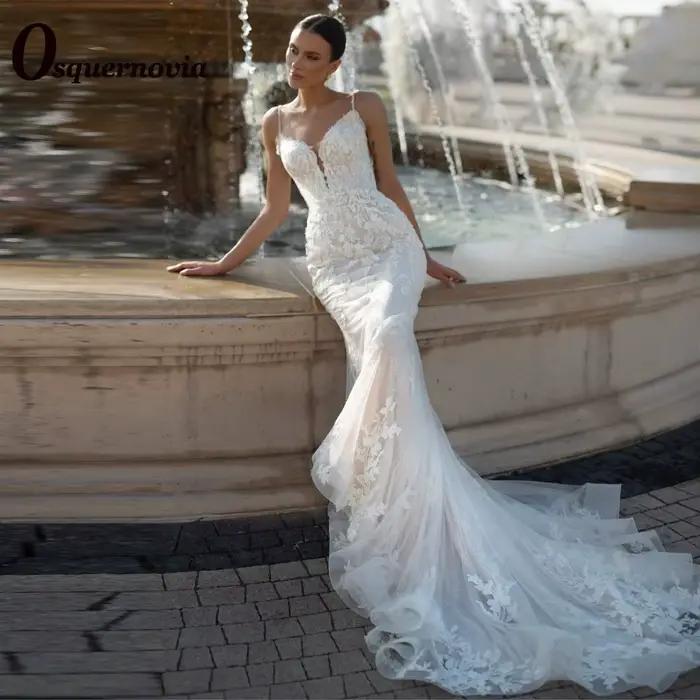 Osquernovia robes de mariée charmantes pour Mariages Appliques bouton bretelles Spaghetti sirène Tul