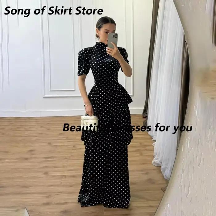 Robe de soirée à pois noire, col haut, manches courtes, ligne A, longueur au sol, robes de soirée fo