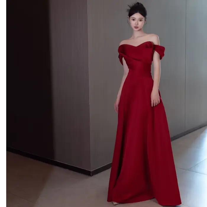 Robe de mariée en Satin asymétrique épaule dénudée, robe de Toast, sensation haut de gamme, rouge vi