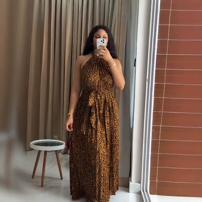 Robe longue pour femme, style Y2K, imprimé léopard, streetwear, sans manches, col halter, laçage, ta