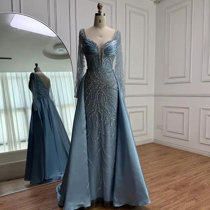 Robe de soirée de luxe en perles bleues, à manches longues, pour femmes, fête de mariage, LA72963, p