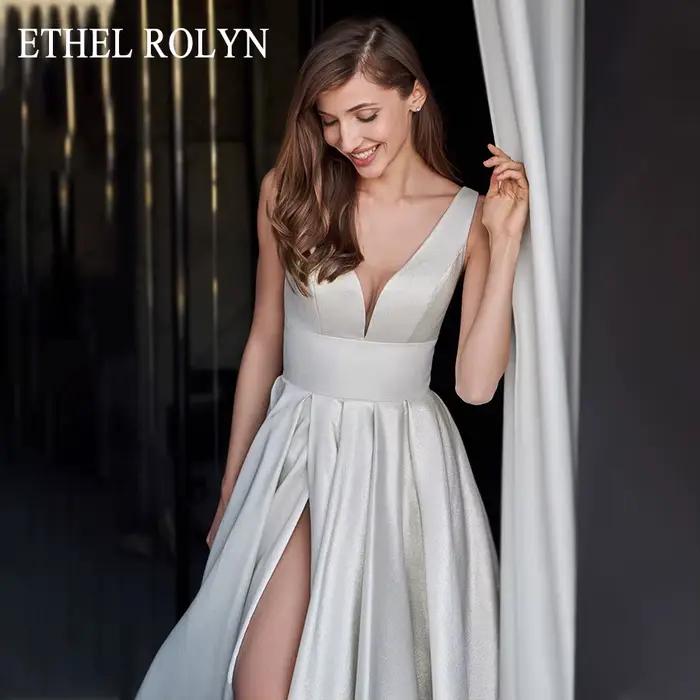 ETHEL ROLYN Robe De mariée trapèze élégante col en v Satin dos nu à lacets robes De mariée sans manc