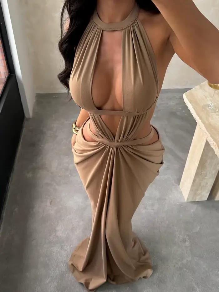 Robe longue de soirée élégante kaki, style licou, à découpes, drapée, dos très ouvert, sans taille, 
