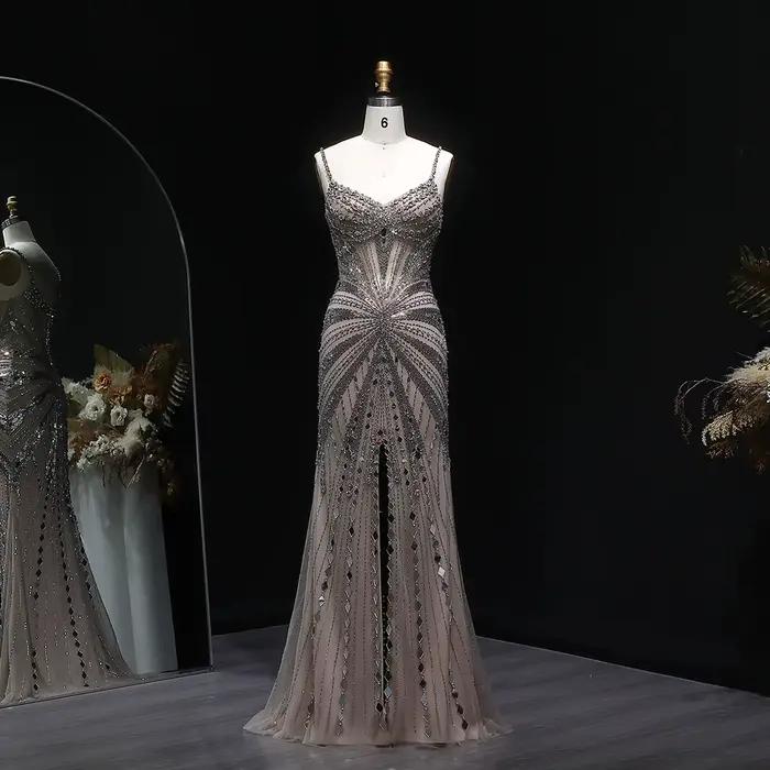 Robe de soirée Sharon Said Dubai Champagne à fines bretelles avec fente haute perlée شارون سعيد Robe