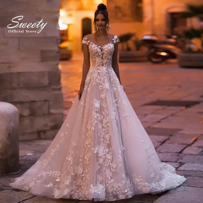 Robe de mariée en dentelle brodée avec boule trapèze, robe de mariée à col rond, paillettes personna