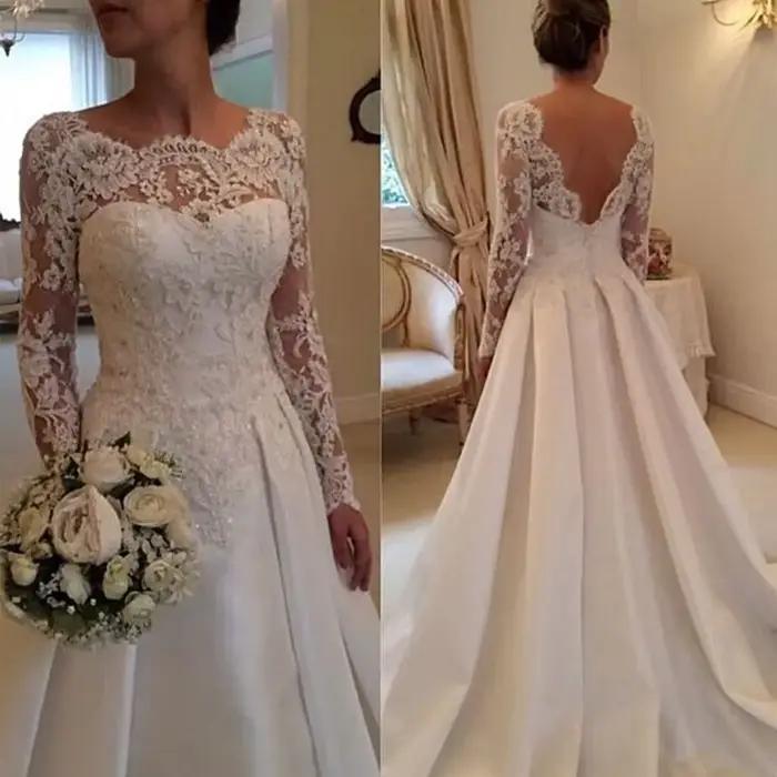 Robe De mariée élégante dos nu, Vintage, dentelle, Satin, manches longues, sur mesure, 2020, 2022