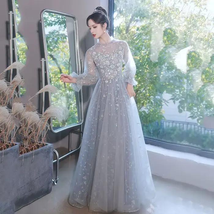 Robe de soirée de luxe grise pour femme 2026 – Robe de demoiselle d'honneur à manches longues, éléga