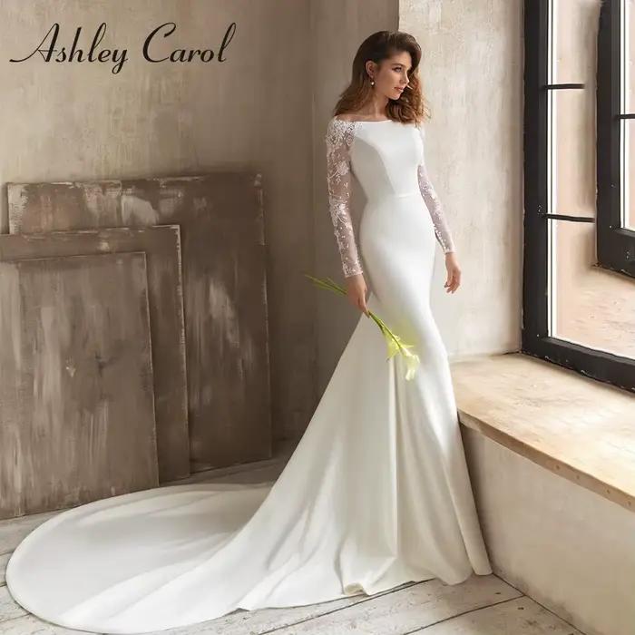 Ashley Carol-Robes de mariée sirène pour femmes, appliques en satin sexy, robe à col bateau, haute q