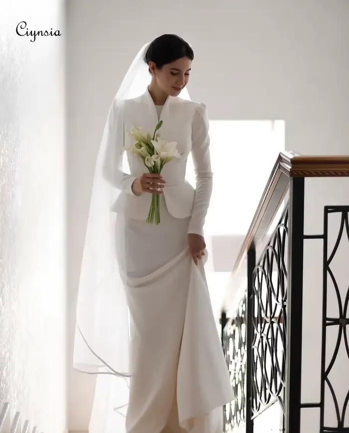 Robe de mariée musulmane élégante personnalisée Ciynsia 2026, style sirène en satin, manches longues