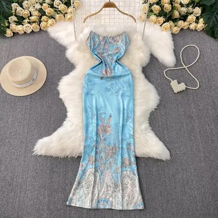 Foamlina – robe à bretelles imprimée bleu français pour femmes, tenue de vacances d'été élégante, ta