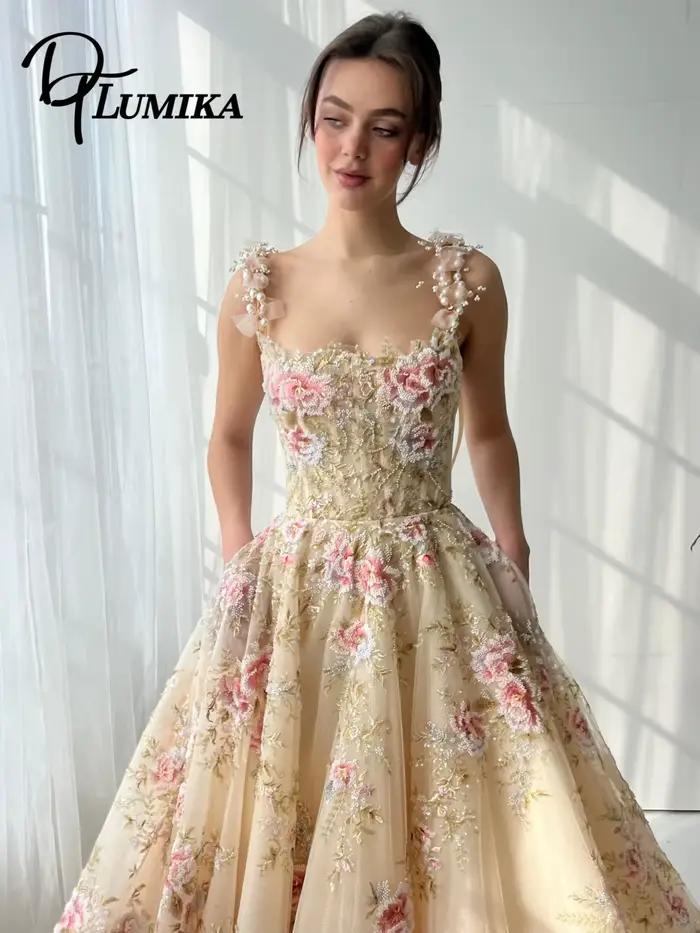 Robe de soirée formelle florale pour femmes, sans bretelles, bretelles Spaghetti, dos à lacets, lign