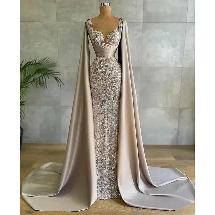 Arabe dubaï robes de soirée longue luxe paillettes paillettes chérie avec Cape robe de célébrité fem