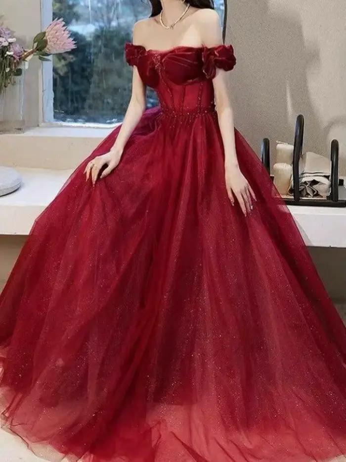 Robe de mariée rouge brillante en tulle, avec appliques exquises, longueur ras du sol, sexy, épaules
