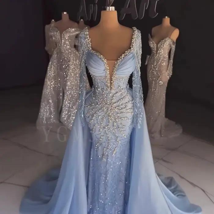 Robe de soirée bleue à perles, robe de luxe à manches longues, élégante, avec jupon détachable, robe