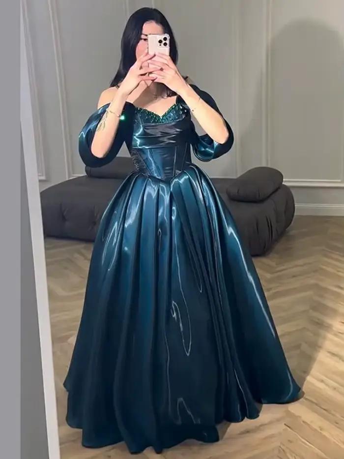 Robes de soirée Sumnus Princess coupe trapèze pour femmes, avec décolleté cœur, plissées, perlées et