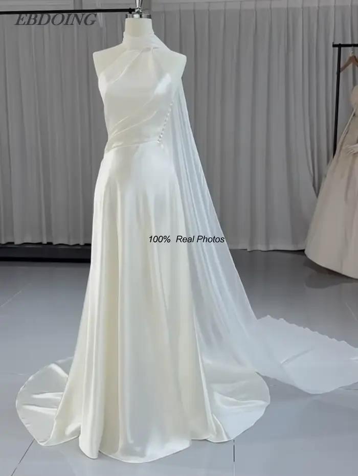 EBDOING Robe de mariée personnalisée, coupe trapèze, en satin, col licou, sans manches avec rabats, 