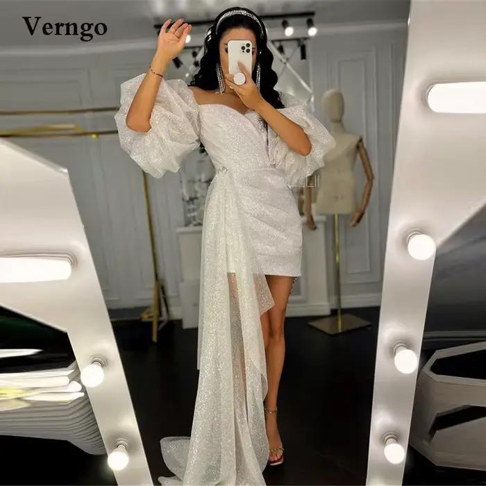 Verngo-Robe de mariée courte scintillante, manches bouffantes, paillettes chérie, robe de soirée de 