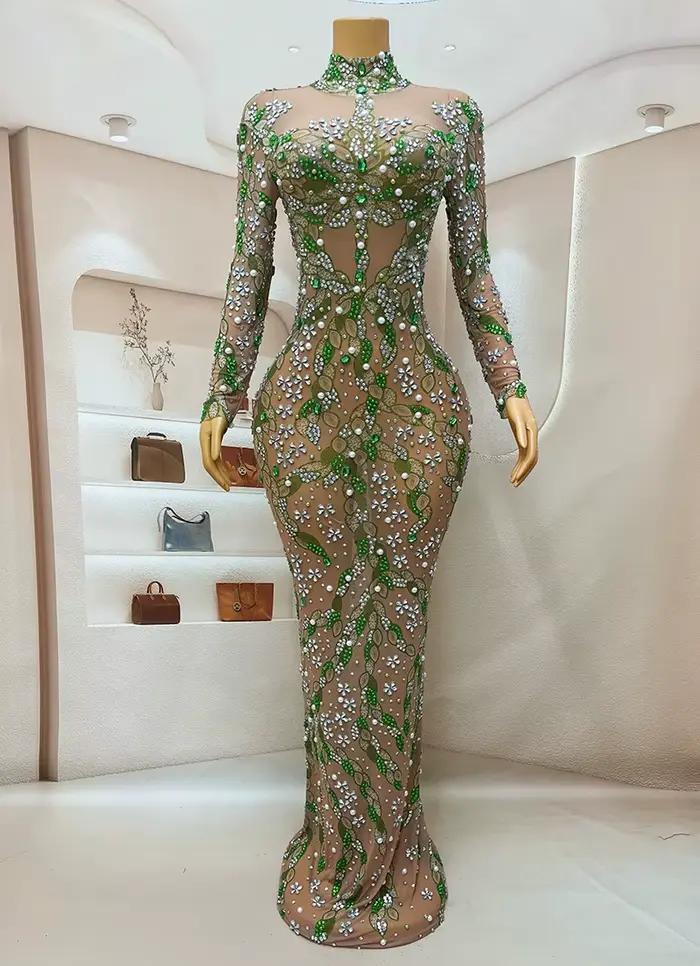 Robe de Soirée Longue et Luxueuse avec Gros Strass, Tenue de brevClignotante, Tenue de Cérémonie d'A