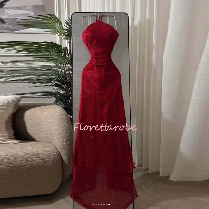 Robe de soirée bordeaux personnalisée, style sirène, à col halter et froncée, pour bal de promo et o
