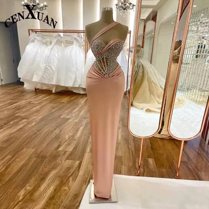 CENXUAN glamour sirène Robes De soirée 2025 femme avec perles une épaule longueur De plancher plissé