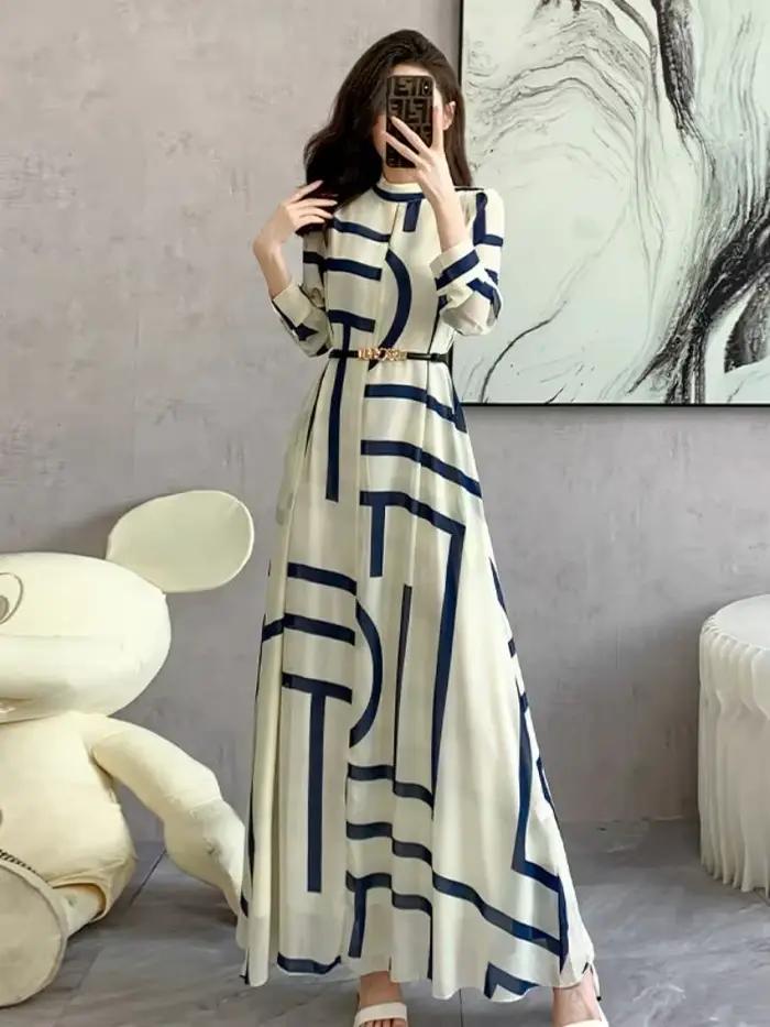 Robes géométriques françaises en mousseline de soie pour femmes, tenue de vacances, manches longues,